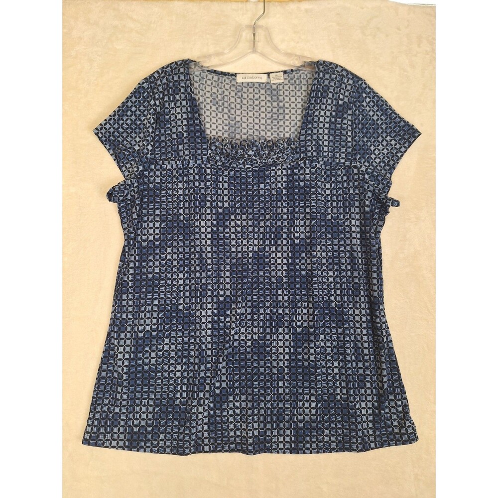 Liz Claiborne Womens XL Top Blue Geometric Print Short Sleeve Scallop Neck Work